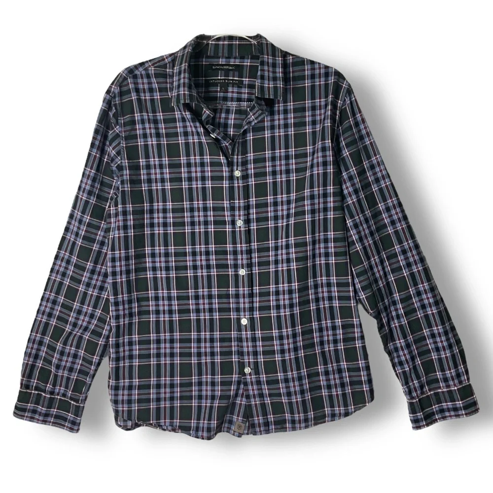 Banana Republic Mens Shirt Sz L Untucked Slim Fit Plaid Button Up Lightweight Co